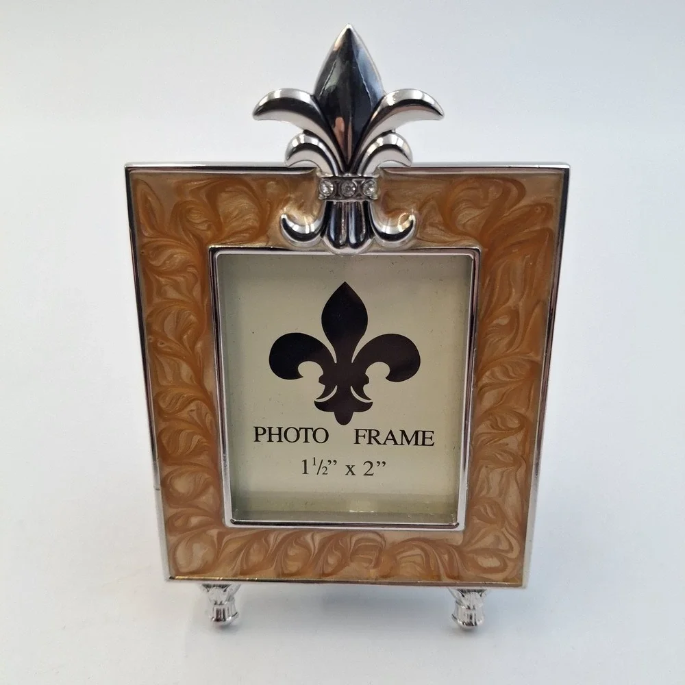 Vintage Fleur De Lis Photo Frame Set Honey Enamel Silver Tone‎ Round Square Mini